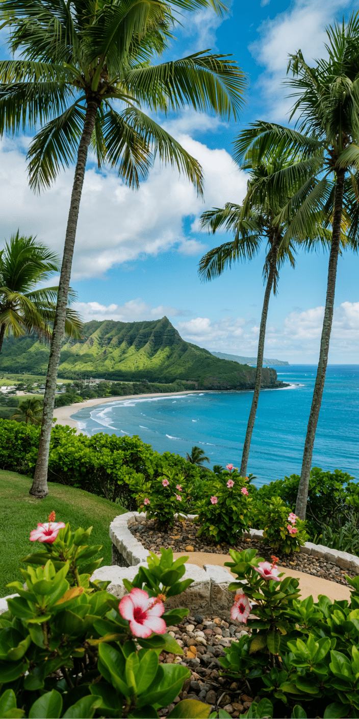 Framed by tall palm trees and pink tropical flowers, this stunning vista overlooks a crescent-shaped bay and verdant green mountains. The coastal scene is vibrant and calming, making it an ideal choice for island wallpaper or a tropical wallpaper that celebrates natural beauty and balance. It’s a tropical paradise right on your phone.