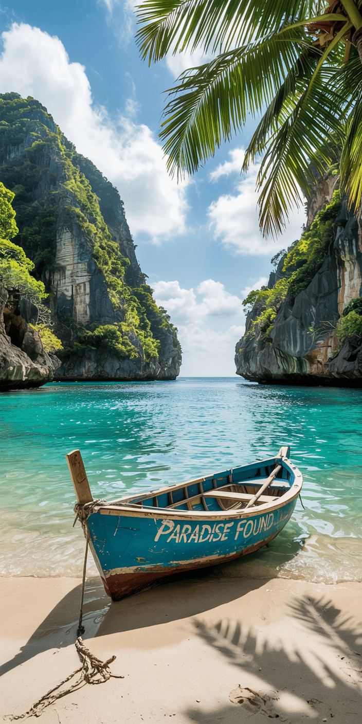 A turquoise wooden boat labeled "Paradise Found" rests on a quiet sandy beach framed by towering limestone cliffs and lush palms. The hidden lagoon’s crystal-clear water glows in the midday sun, creating a serene and secluded escape. This is the perfect island vacation or tropical wallpaper background to give your iPhone or Samsung a touch of paradise.