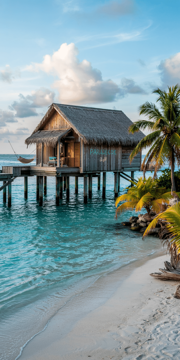A charming overwater bungalow with a thatched roof sits on stilts above a clear blue lagoon, labeled “Paradise Spa.” Gentle waves and soft sand complete the tranquil setting, with palms swaying nearby. Ideal for relaxation wallpaper, island vacation, or Florida aesthetic wallpaper, this image evokes peace, wellness, and luxury.
