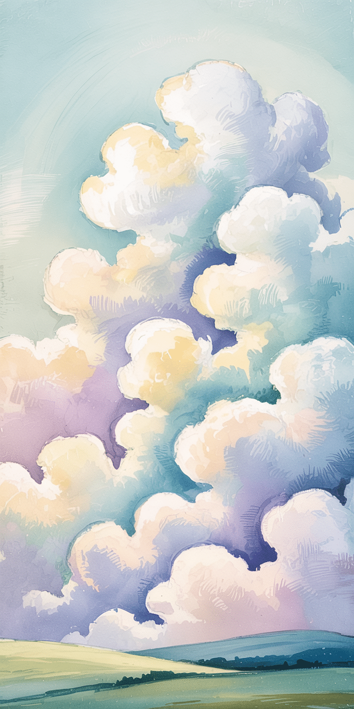 A watercolor-style wallpaper showing soft, puffy clouds floating over a peaceful green meadow. The pastel tones and dreamy brushstrokes give it a whimsical vibe, making it an excellent choice for a light wallpaper iphone or minimalist wallpaper. With its gentle blues, lavenders, and warm creams, it brings a fresh, airy feeling to any screen.