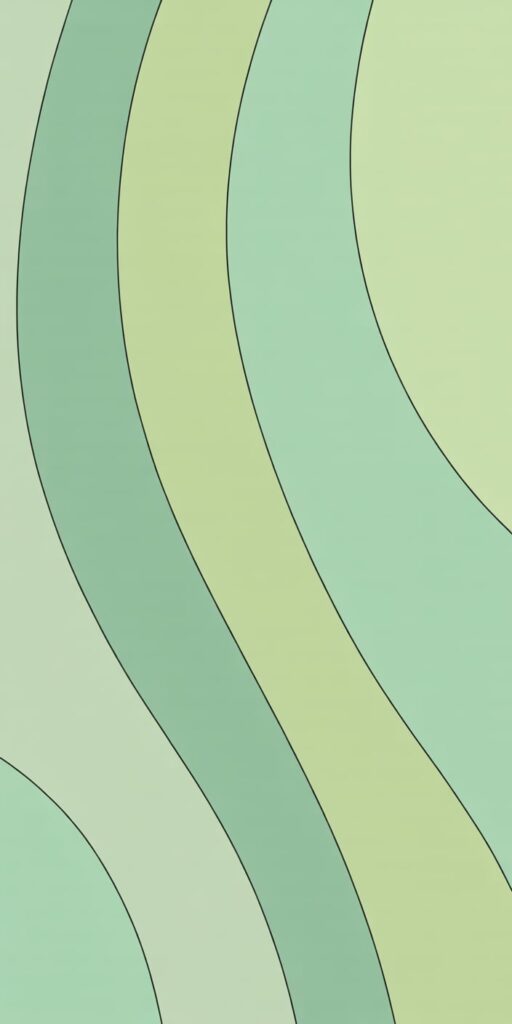 This wallpaper features bold, retro-inspired curved lines in soft mint and sage greens, separated by clean black outlines. It's a stylish pick for fans of Retro Green Aesthetic and Abstract Minimalist Wallpapers. The gentle tones and wavy lines create a sense of movement, making this background a unique and artistic option for smartphone users. Fits seamlessly on iPhone or Samsung screens.