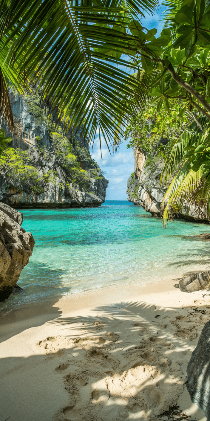 A pristine cove framed by dramatic cliffs and lush tropical foliage offers a peaceful view into calm turquoise waters. Sunlight filters through the palm fronds, casting soft shadows on the white sand. Ideal for use as best scenery wallpaper or relaxation wallpaper, this image brings a tranquil, tropical escape to your smartphone screen.