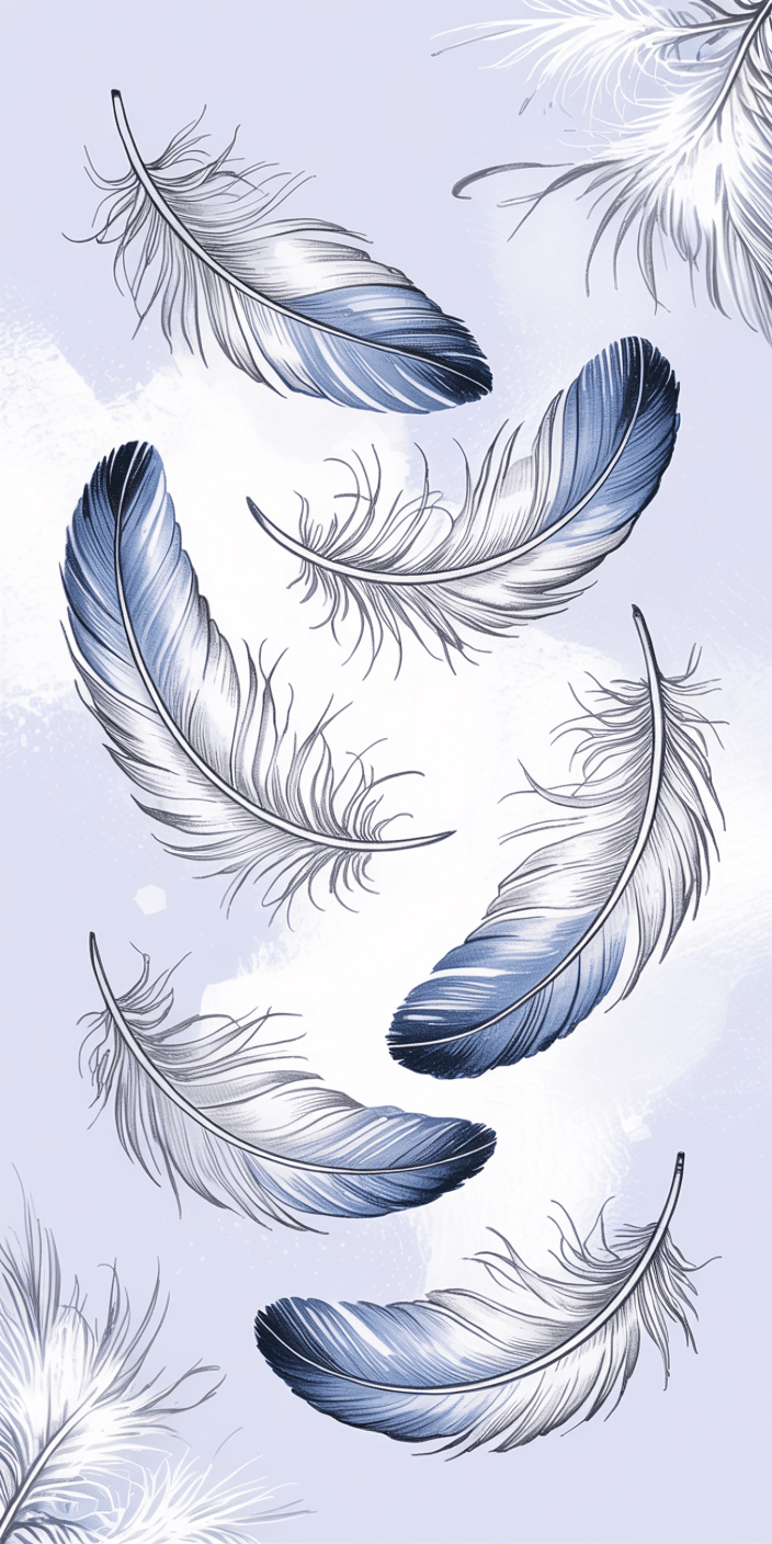 Delicately illustrated blue and white feathers float across a soft lavender backdrop, giving this wallpaper an airy and calming vibe. The fine linework and subtle gradients make it an ideal minimalist wallpaper for users who want a soft, clean look. With gentle tones and a peaceful aesthetic, it's a lovely choice for light phone wallpaper or a light lockscreen on iPhone devices.