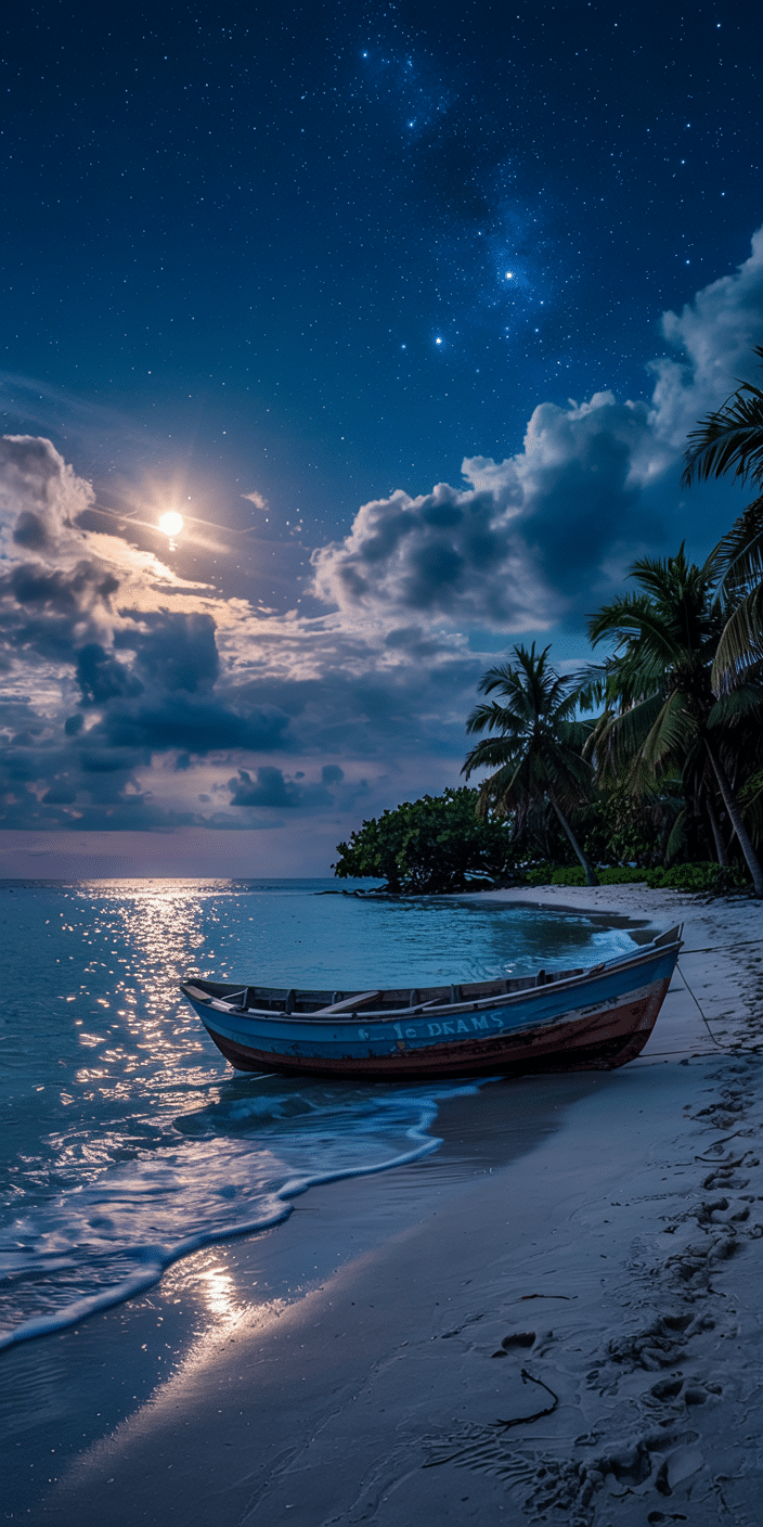 A weathered rowboat rests on the moonlit shore beneath a star-filled sky, with palm trees gently swaying in the breeze. The Milky Way stretches across the night as waves shimmer with silver reflections. This tranquil composition captures a dreamy, introspective mood, perfect for summer wallpaper iPhone beach or ocean wallpaper aesthetic iPhone. It’s a quiet island moment meant to inspire reflection and peace.