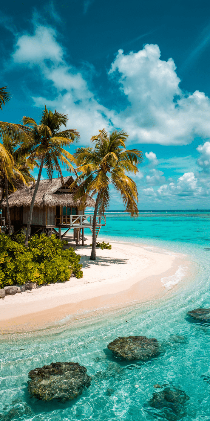 A beachfront overwater bungalow is tucked between lush palms on soft white sand, with clear turquoise waters in the foreground. Coral rocks dot the shallows, adding detail and texture to this perfect island hideaway. This is a must-have island wallpaper or tropical home screen ideas background for a tranquil yet vibrant phone look.