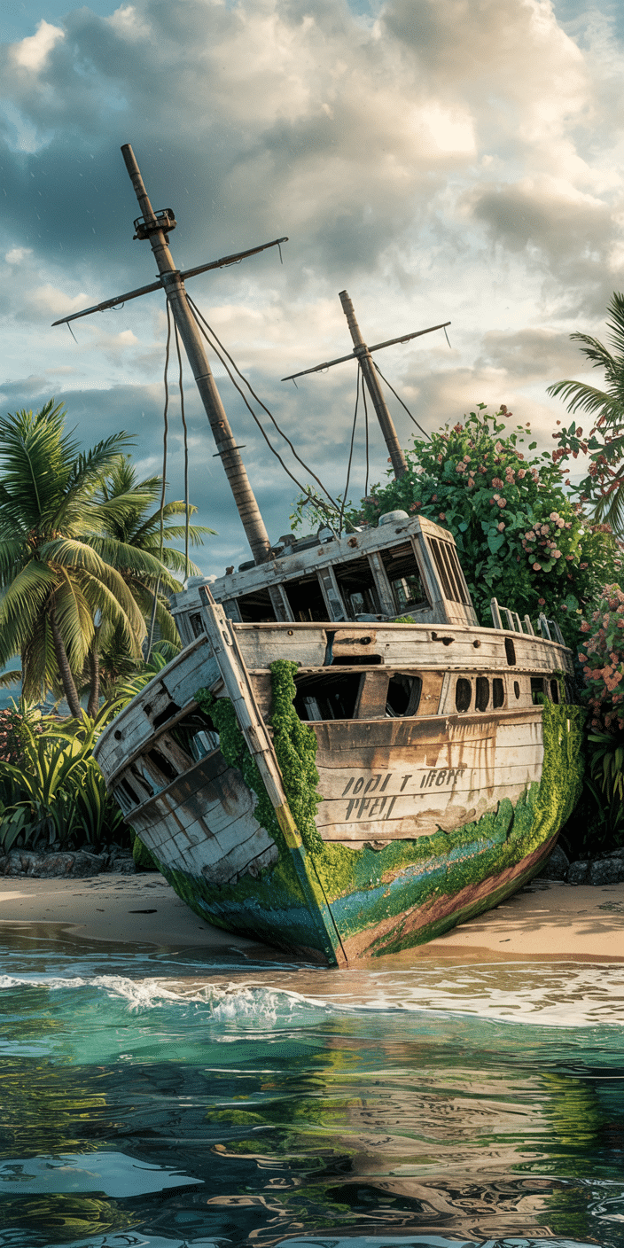An overgrown shipwreck rests quietly on a tropical shoreline, surrounded by flowering plants and swaying palm trees under a soft, partly cloudy sky. The turquoise waters lap gently at the beach, giving a dreamy quality to this hidden paradise. This wallpaper is perfect for anyone who loves tropical wallpaper, island vacation dreams, or a Florida aesthetic wallpaper look with a whimsical twist.
