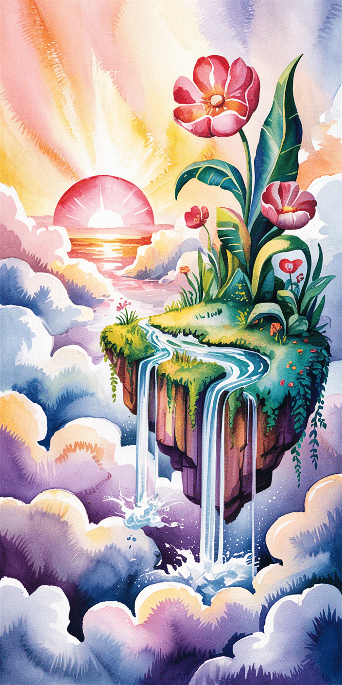 This dreamy watercolor scene features a floating island covered in lush greenery, giant pink flowers, and cascading waterfalls, all glowing under a radiant sunrise. Surrounded by soft, cotton-candy-colored clouds, it blends fantasy and serenity into a magical Jannah paradise aesthetic. Perfect for iPhones or digital art lovers seeking a unique relaxation wallpaper or wonderful places nature design.
