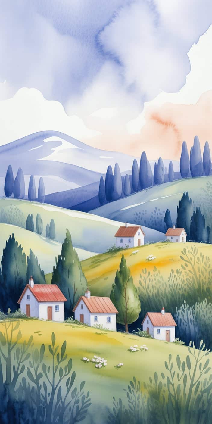 A soft watercolor scene of rolling green hills dotted with quaint cottages and tall trees, this landscape evokes peace and pastoral charm. The gentle sage and mint tones, combined with a painterly texture, offer a relaxed and uplifting vibe perfect for lovers of Green Aesthetic and Light Green Aesthetic Wallpaper Collage. Whether on your lock screen or home display, this wallpaper adds a refreshing, countryside calm to any smartphone.