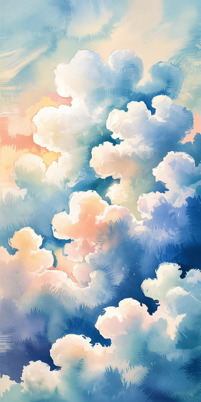 A dreamy watercolor sky filled with soft, fluffy clouds in hues of peach, blue, cream, and lavender. This cloudscape blends delicate brushstrokes with a gentle palette, making it a serene light phone wallpaper or a calm iphone background. Perfect for fans of artistic visuals and light lockscreen looks that bring a soft, peaceful mood to any device.