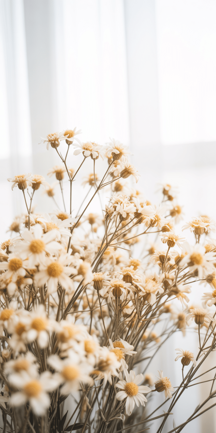 A soft and delicate wallpaper featuring a bunch of white daisies bathed in natural light with sheer curtains in the background. The bright, airy aesthetic makes this an ideal white flower background aesthetic or neutral wallpaper for iPhone, perfect for anyone who loves a fresh, light-filled vibe on their screen. Its calm tones and floral charm evoke simplicity and elegance in every glance.
