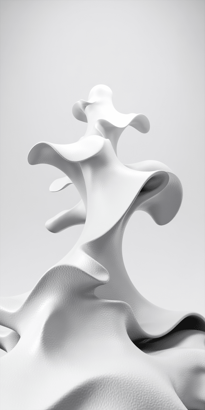 A futuristic abstract white sculpture with smooth curves and an organic form, set against a clean, light-gray background. The minimal style and textured surface give it a modern art feel, perfect for users who love neutral wallpaper for iPhone and concept wallpaper designs. It’s a unique, calming visual that fits seamlessly into a minimal phone setup.