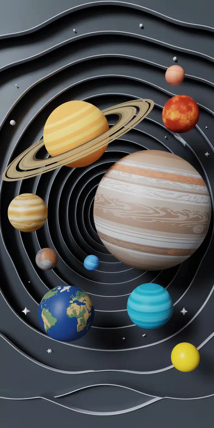 A beautifully layered digital artwork of the solar system, this wallpaper showcases the planets in a paper-cut style, orbiting in rippling waves of dark gray. The scene highlights Saturn and Jupiter prominently, offering a colorful yet sleek planet wallpaper iphone experience. Ideal for those who love artistic representations of space with a clean and modern vibe. A fresh take on galaxy universe wallpaper design.