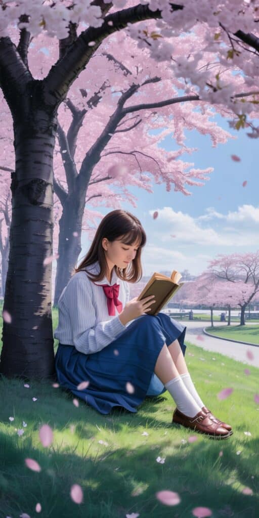 A serene image of a girl reading beneath a canopy of blooming cherry blossom trees, this wallpaper radiates peacefulness and beauty. The soft pink petals against the blue sky create a dreamy pastel palette, making it a perfect fit for Book Girlies Aesthetic Wallpaper and Cute Book Wallpapers Aesthetic. Ideal for iPhone screens, it blends the quiet joy of reading with a picturesque outdoor setting, making it a favorite for book lovers and nature enthusiasts alike.
