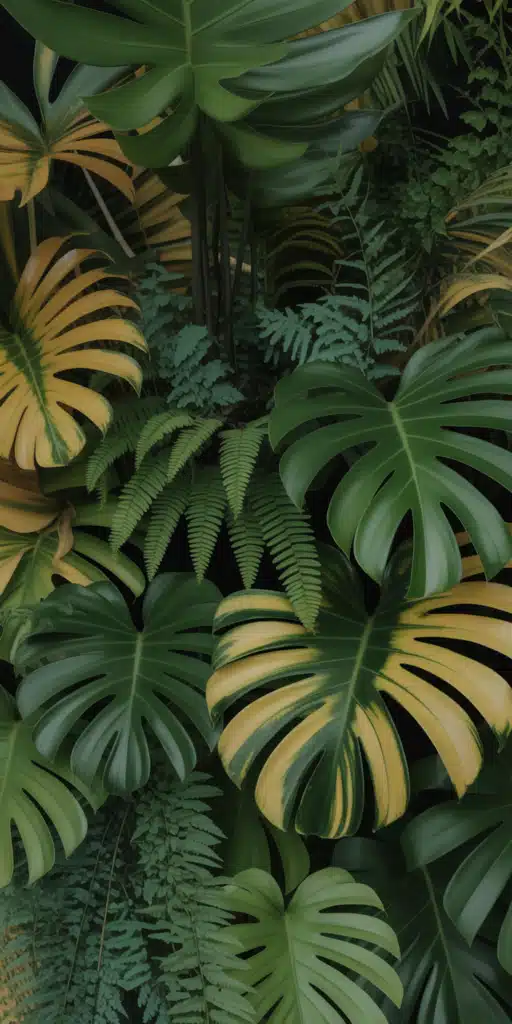 This dense tropical wallpaper showcases a vivid collage of monstera leaves, palms, and ferns in rich greens and yellows. The layered foliage creates a full, jungle-like aesthetic that’s perfect for plants wallpaper iphone and green nature wallpaper fans. Ideal for anyone wanting to bring an energetic and natural vibe to their iPhone background.
