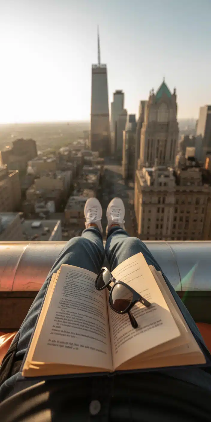 A relaxed rooftop reading scene overlooking a glowing city skyline at sunset, this wallpaper captures golden hour perfection. The open book and casually placed sunglasses highlight a moment of leisure and escape above the urban bustle. Ideal for iPhone users looking for Book Lover Backgrounds or Books Lockscreen, it’s a modern, laid-back take on bookish aesthetics with a city twist.
