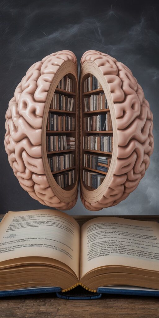 This dark academia-inspired wallpaper presents a brain model carved open to reveal perfectly aligned bookshelves, floating above an open book and set against a chalkboard background. It’s an ode to intellectual depth and poetic knowledge, ideal for lovers of Dark Academia Phone Wallpaper and Books Aesthetic Reading Wallpaper. iPhone users who admire educational beauty and artistic symbolism will adore this captivating design.
