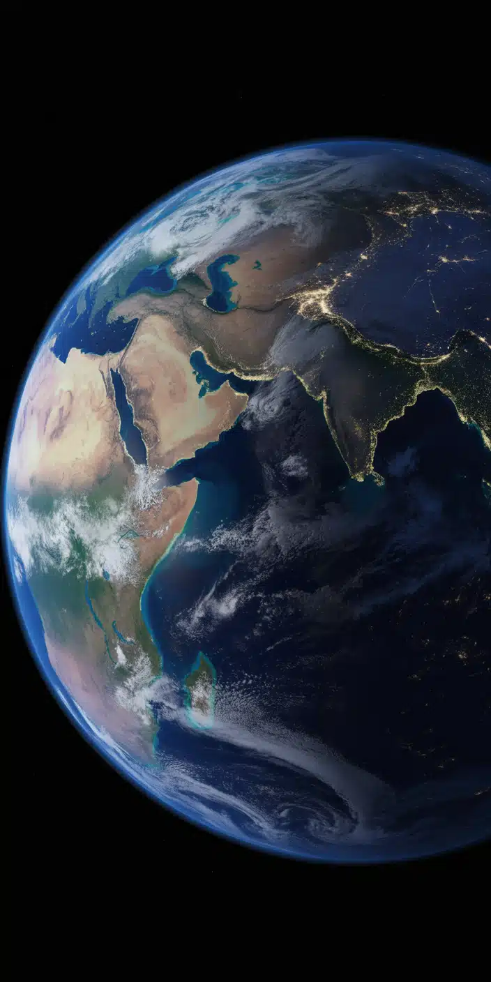 This high-resolution image shows Earth from space, capturing both sunlit and nighttime regions over Africa, the Middle East, and India. City lights glow on the dark side while clouds swirl over the continents, offering a breathtaking real-world planet wallpaper iphone. Perfect for those who love planet photography and want to feel connected to our beautiful blue planet.