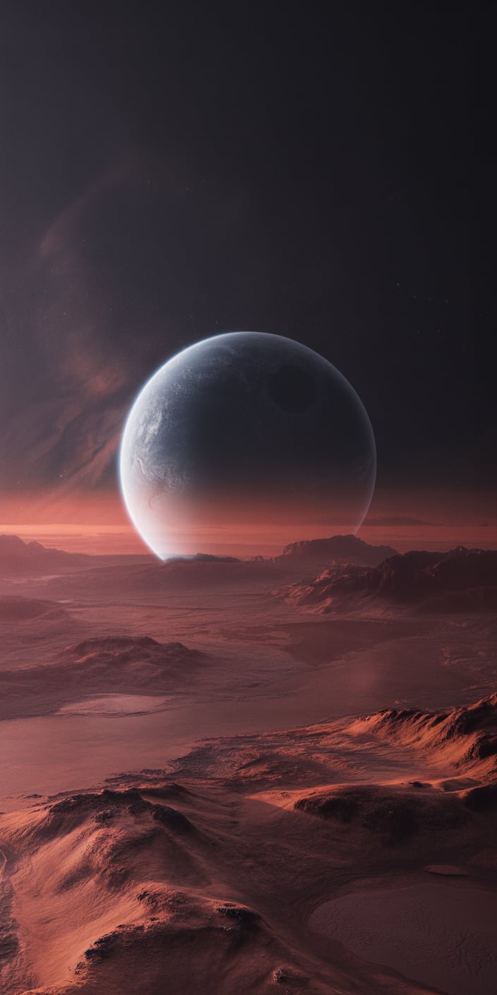 A breathtaking view of a glowing blue planet rising over a vast, reddish desert landscape. The detailed textures of the craters and mountains on the surface below contrast beautifully with the soft cosmic glow of the planet, creating an ethereal and cinematic vibe. This planet wallpaper iphone design blends cosmic beauty with mysterious terrain, making it ideal for anyone who loves space blue and purple themes. Perfect for iPhone users looking for a high-definition, atmospheric galaxy universe wallpaper.