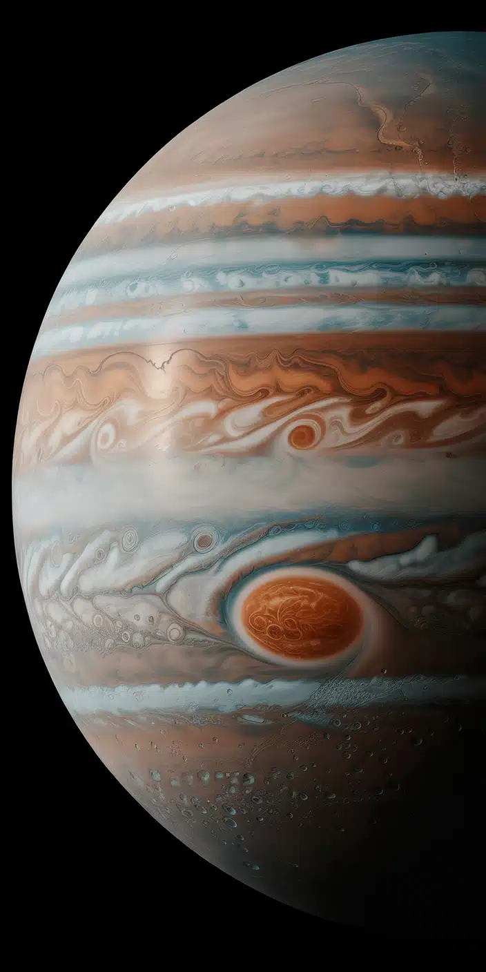 This crisp and vivid image captures Jupiter’s stormy atmosphere, including a clear view of the planet's swirling bands and the signature Great Red Spot. Shades of bronze, ice blue, and cloud white swirl across the massive planet, making it a mesmerizing choice for fans of planet wallpaper iphone. This piece of planet photography is ideal for both astronomy lovers and those seeking a visually rich, space blue and purple aesthetic for their smartphone.