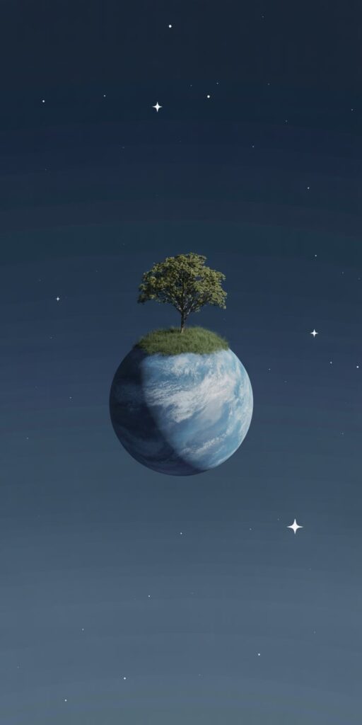This minimalist digital artwork showcases a small Earth-like planet floating in a starry sky, with a single tree and patch of grassy terrain on top. The clean composition, subtle shading, and tranquil night sky make this a soothing and imaginative choice for your lockscreen. This iphone planet wallpaper evokes both environmental awareness and celestial charm. A perfect fit for fans of explore the world wallpaper and planet photography.