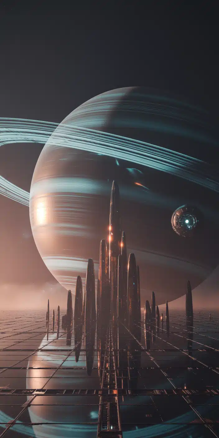 A massive ringed planet looms above a surreal futuristic metropolis, with tall black towers reflecting in a tiled surface below. An alien spacecraft hovers in the distance, adding a touch of mystery to this cinematic scene. This planet wallpaper iphone offers an intense, high-contrast space vibe ideal for those who love bold, galaxy universe wallpaper themes. A sleek and immersive look for any smartphone user seeking something striking.