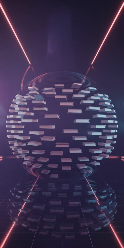 This futuristic wallpaper features a glowing spherical grid constructed from levitating books, set against a cosmic neon background. With striking pink laser lines and digital reflections, the design merges tech and literature in a captivating way. It's perfect for fans of Phone Wallpaper Books and Books Lockscreen who love a modern, sci-fi twist on book aesthetics. The unique concept makes it ideal for iPhone users seeking a bold and imaginative lock screen.
