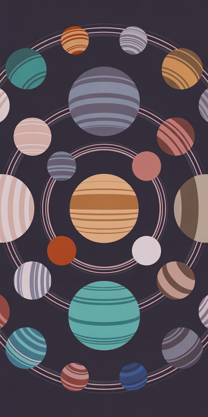 A vibrant and quirky depiction of planets with striped textures and bold color palettes, arranged in orbit-like rings. The playful art style is both fun and creative, making it a standout option for those who enjoy illustrated planet wallpaper iphone themes. It captures a bright take on the solar system wallpaper and appeals to fans of modern, viral wallpaper iphone designs. A joyful and energetic look perfect for any smartphone.