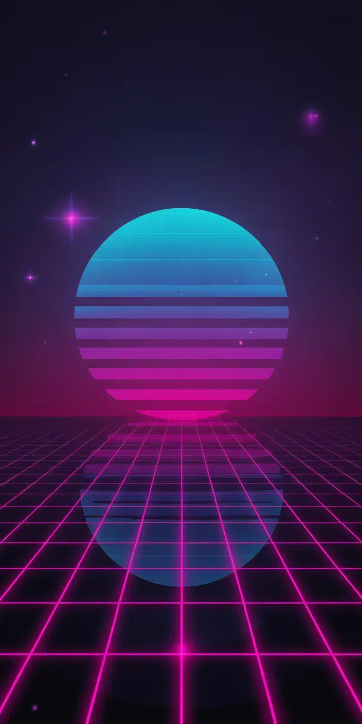 A vibrant synthwave-inspired design with a glowing blue-striped planet hovering above a neon magenta grid. The deep purple sky is scattered with stylized stars, blending retro aesthetics with cosmic imagination. This is a bold and eye-catching iphone wallpaper galaxy aesthetic that stands out from traditional space designs. Great for fans of purple galaxy aesthetic and viral wallpaper iphone.