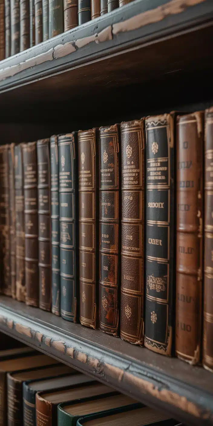 A richly textured close-up of vintage leather-bound books lined neatly on aged wooden shelves. The details in the spines and worn edges speak volumes to fans of Wallpaper Vintage and Book Esthetics. This timeless look works beautifully as an iPhone wallpaper for those who love antiques, classic literature, and old libraries.
