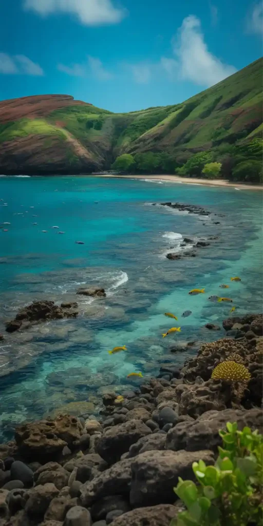 This vivid Hawaiian coastline image showcases crystal-clear waters, coral reefs, and bright yellow fish swimming near the rocky shore. The vibrant blues and lush green hills in the distance highlight the island’s untouched beauty. A must-have for Ocean Photos or Ocean Wallpaper Iphone Underwater enthusiasts, it offers a serene, tropical escape with a splash of marine life perfect for any device.