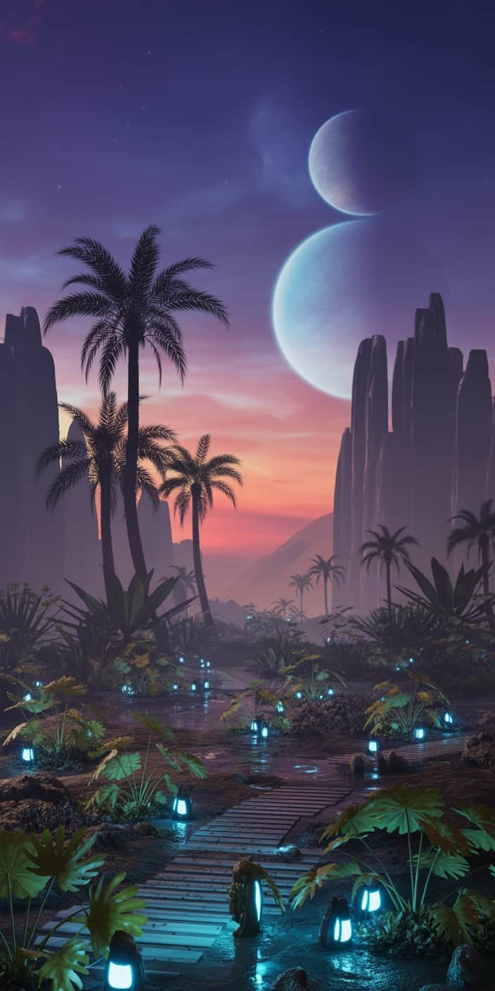 A magical alien landscape glows under a cosmic purple sunset, featuring tall palm trees, glowing blue ground lights, and two ethereal planets hovering in the sky. The blend of tropical vegetation with sci-fi elements creates a surreal paradise perfect for lovers of purple space wallpaper and planet wallpaper iphone. This imaginative scene offers a dreamy, otherworldly setting that makes it an ideal iphone wallpaper space. Vivid purples, blues, and palm silhouettes bring strong visual contrast and cinematic fantasy.
