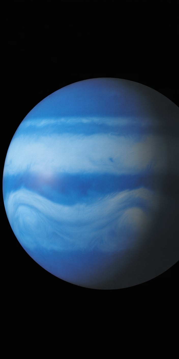 A minimalist, tranquil close-up of a sky-blue gas giant fills this wallpaper, showing soft cloud bands against a deep black void. The pale blue tones evoke feelings of calm and depth. Perfect for those who appreciate simple planet wallpaper iphone designs and iphone wallpaper space with a soft color palette, it brings gentle cosmic elegance to your screen.