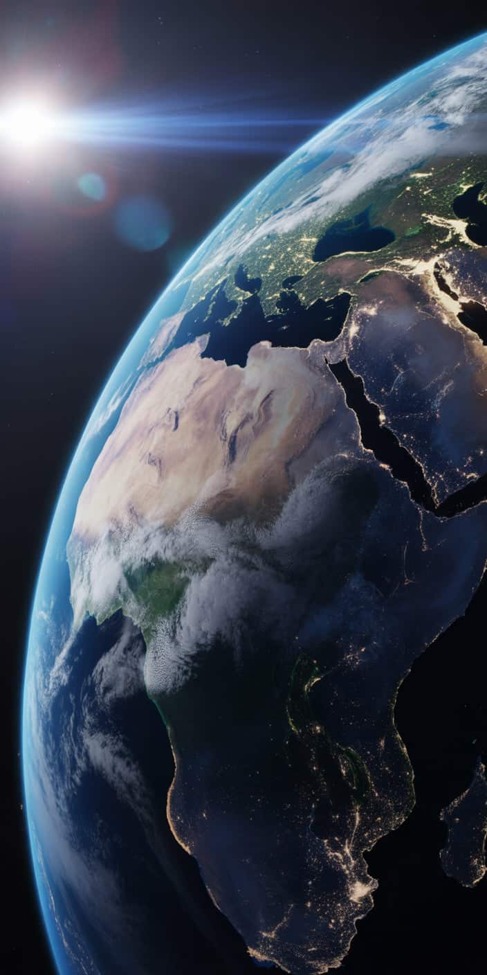 A spectacular view of Earth from orbit with the sun flaring just off-frame and Africa fully visible. City lights twinkle across the continent as dawn breaks over the horizon. This planet wallpaper iphone captures the raw beauty of Earth and is ideal for users looking for an inspiring iphone wallpaper space. Perfect for those who appreciate both science and natural beauty in planet photography.