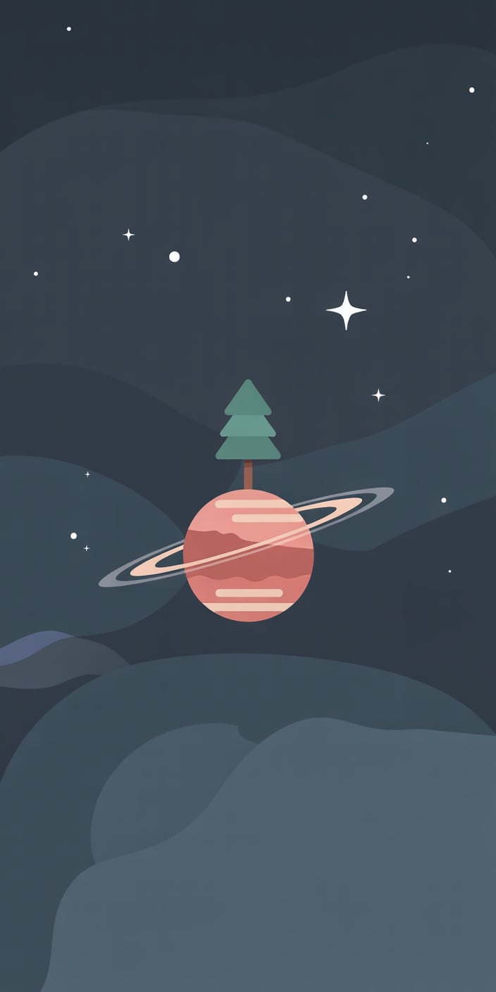 A charming cartoon-style Saturn with soft rings and a pine tree growing from its top, set against a stylized deep space background. The whimsical, hand-drawn aesthetic makes this design both playful and imaginative. This planets wallpaper iphone option is ideal for those who love cute, minimal art combined with purple space wallpaper vibes. It’s a lighthearted yet stylish choice for younger users who enjoy celestial-themed art.