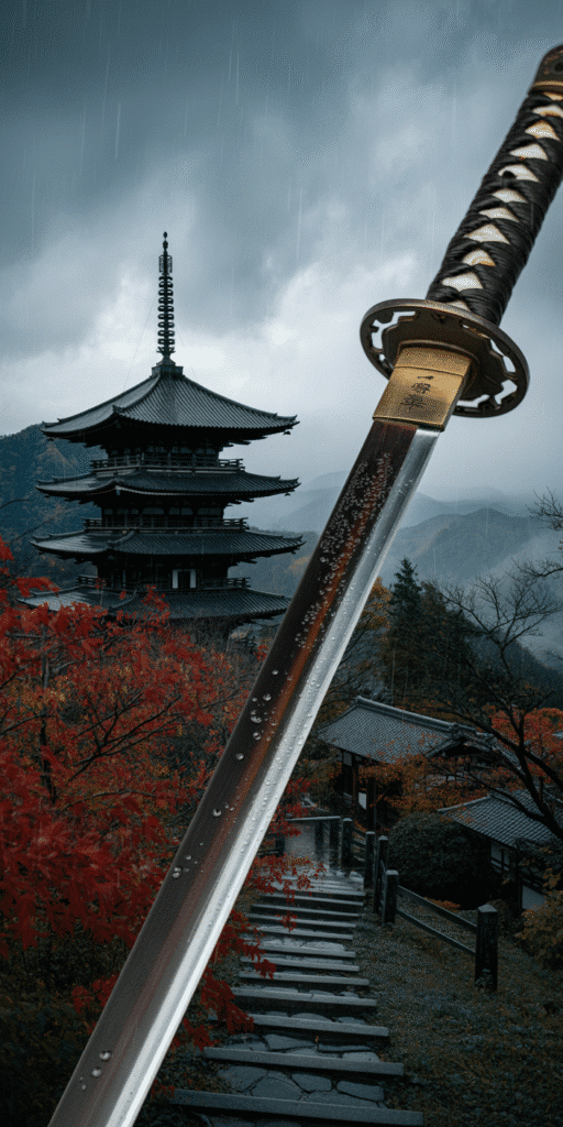 A detailed close-up of a katana sword with raindrops on its blade points dramatically toward a multi-tiered Japanese pagoda surrounded by autumn foliage. The misty, overcast sky and mountainous background heighten the traditional and serene ambiance. This iPhone wallpaper is ideal for fans of Samurai Sword, Japanese Art, and Samurai 4k Wallpaper, offering a blend of craftsmanship and cultural depth.