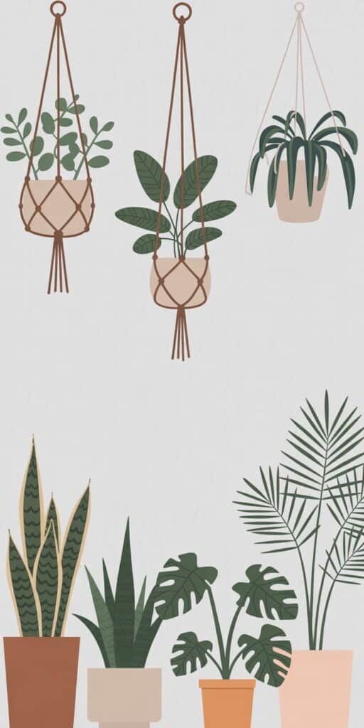 This charming flat-style illustration features a variety of hanging and potted houseplants, including monstera, snake plant, and palm, all set against a soft white background. Clean lines and earthy tones make it perfect for those who love plant art wallpaper and indoor plant wallpaper. It’s ideal for adding a fresh and playful plant aesthetic to your iPhone.
