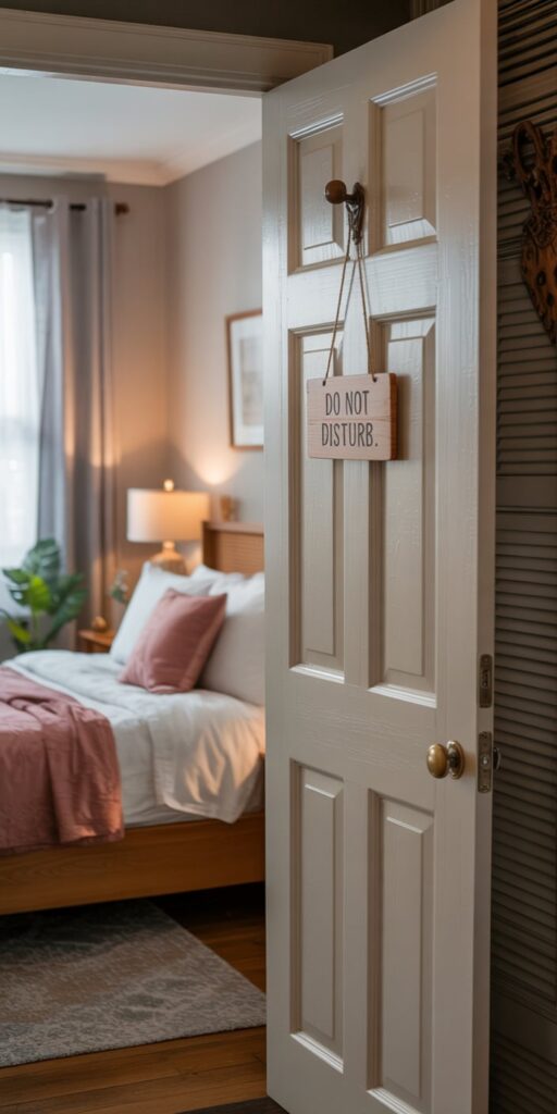 With a soft pink-accented bedroom in the background and a wooden “Do Not Disturb” sign hanging on a white door, this wallpaper exudes cozy elegance. Perfect for users drawn to Do Not Disturb Aesthetic, Do Not Disturb Aesthetic Wallpaper iPhone, or romantic tones in their digital space. It's feminine, peaceful, and ideal for winding down.
