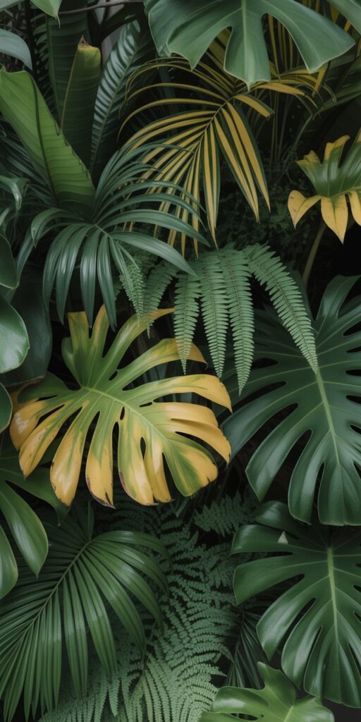 This vivid plant wallpaper mixes bold yellow monstera leaves with deep green palms and intricate ferns, creating a lush, colorful contrast. It captures the exotic charm of tropical foliage while maintaining balance through organic layering. Ideal for those seeking monstera background and aesthetic wallpaper plants, this image brings tropical flair to your iPhone screen in a fresh and striking way.
