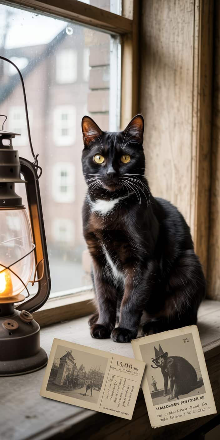 A sleek black cat poses beside a softly glowing lantern on a windowsill, illuminated by warm natural light. Below, vintage Halloween postcards hint at a past full of mystery and folklore, creating an enchanting and nostalgic vibe. Perfect for vintage Halloween phone wallpaper lovers, this cozy Halloween aesthetic fits seamlessly on both iPhone and Samsung devices. With muted tones and a witchy essence, this design captures the spirit of a nostalgic autumn evening.