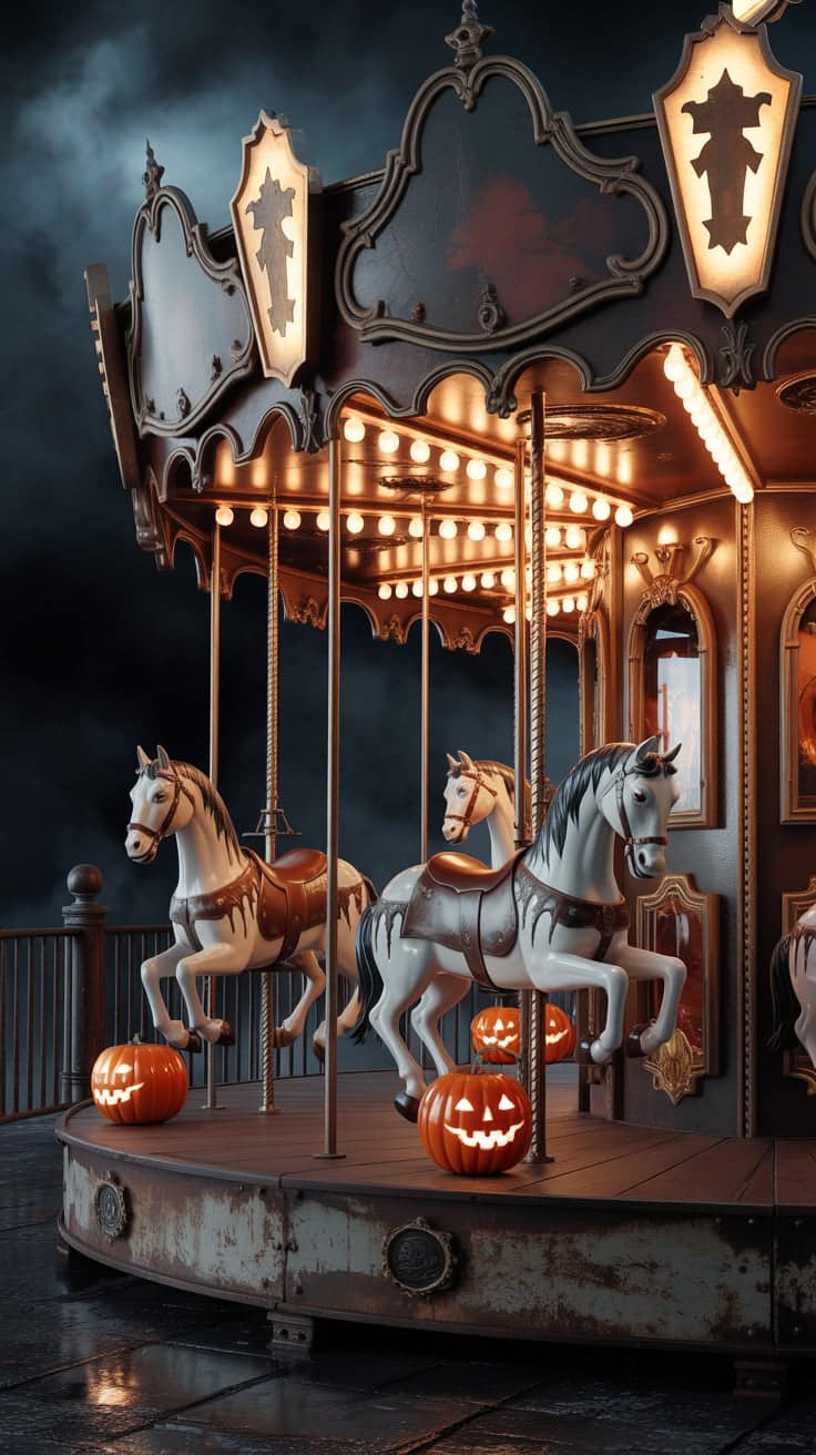 This eerie Halloween carousel features white horses, rustic metal panels, and jack-o’-lanterns illuminating the ride. The rusted texture and glowing orange lights add a touch of gothic charm, creating a chillingly beautiful scene for your phone. Perfect for lovers of Halloween background and vintage spooky wallpaper, this design turns a classic carnival into a haunted dreamscape. A fantastic pick for those who enjoy dark, atmospheric Halloween imagery.