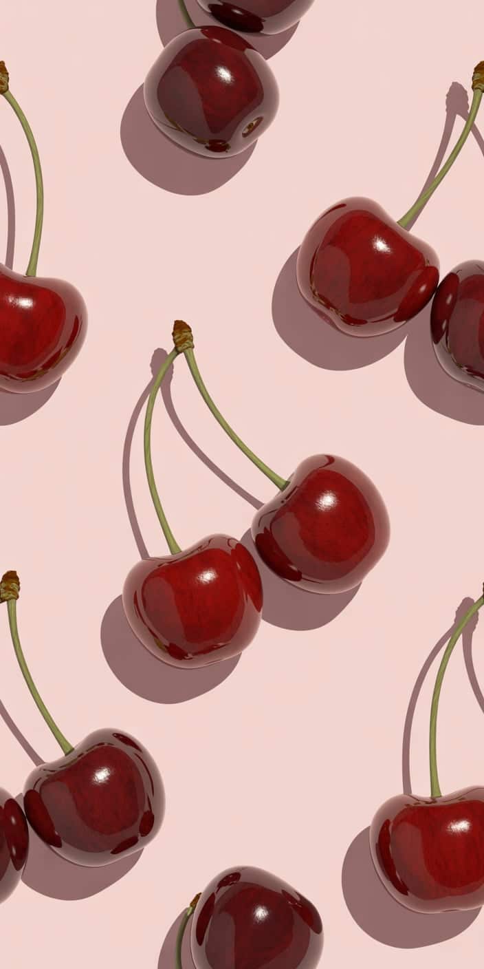 Sleek cherry pairs with high-gloss texture sit on a warm pink background, casting soft shadows for a crisp, contemporary look. This aesthetic blend of bold fruit and pastel tones makes it a great choice for anyone seeking a stylish aesthetic cherry wallpaper. Perfect as a cherry lockscreen or background for iPhone users who want something both trendy and minimalist.