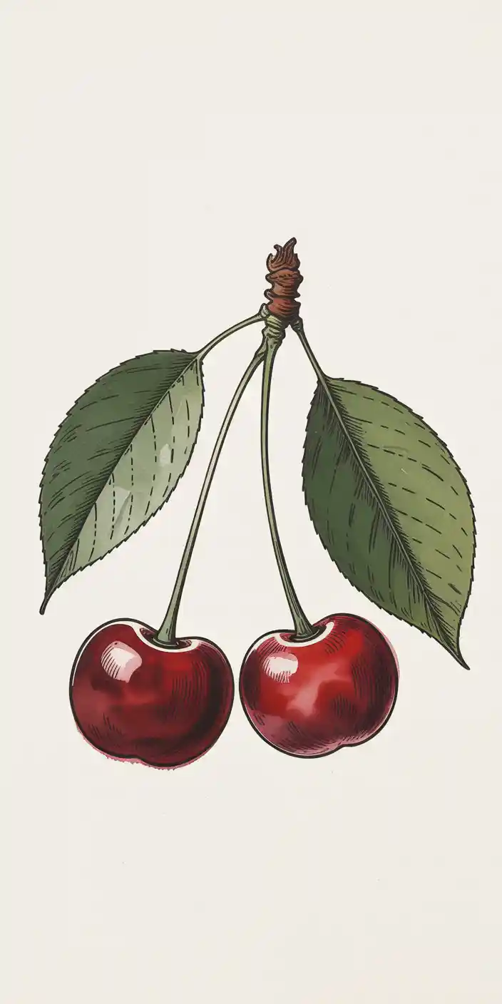 This vintage botanical cherry illustration shows a realistic pair of glossy red cherries with detailed green leaves, all against a creamy white background. The precise line work and classic shading give this cherries aesthetic wallpaper a timeless charm that’s both nostalgic and elegant. Perfect for cherry lockscreen use or adding a botanical touch to your iPhone wallpaper cherry collection, it offers a calm and cultivated aesthetic.