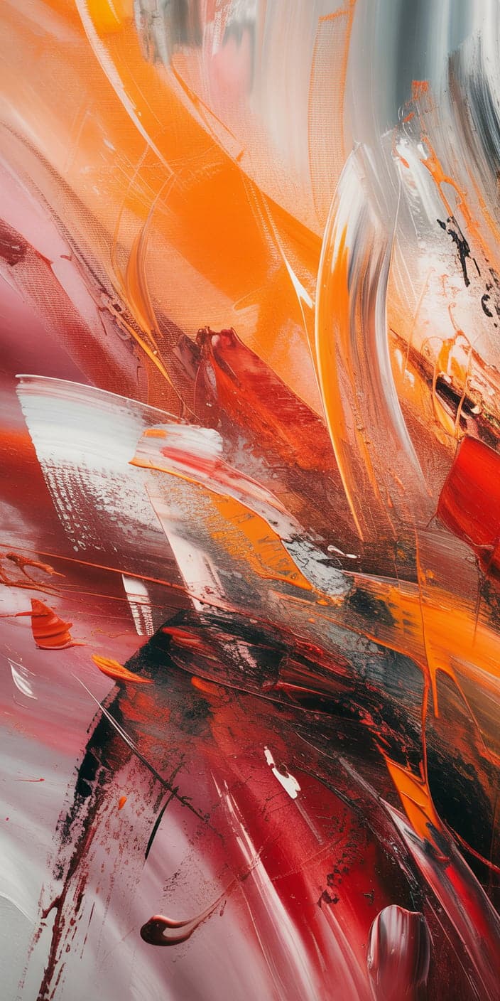 A dramatic and fiery abstract painting in vivid strokes of orange, red, and maroon, accented with white and silver. This bold visual makes a statement and is ideal for fans of neon orange and black or edgy orange aesthetic wallpaper collage themes. With sweeping textures and layered depth, it’s perfect for smartphones looking for an artsy and expressive look that blends passion and energy.