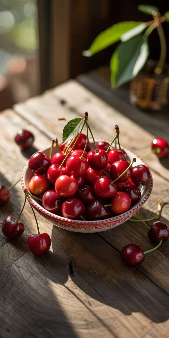 A charming ceramic bowl filled with glossy red cherries sits on a sun-drenched rustic wooden table, capturing the rich tones and textures of natural fruit. The warm light enhances the deep reds and subtle orange highlights of the cherries, making it a visually satisfying cherry home screen wallpaper. This cozy and inviting composition is ideal for iPhones and Samsung users seeking a cherry phone wallpaper that brings warmth and natural charm to their device.