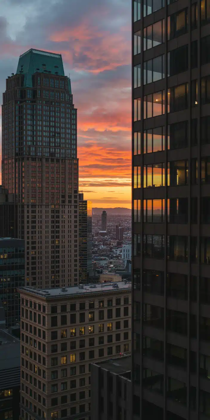 A breathtaking cityscape captured at sunset, with glowing orange clouds lighting up the skyline and windows reflecting the warm tones. The wallpaper blends modern architecture with the soft energy of evening light, making it a great fit for light orange aesthetic wallpaper or a more urban orange aesthetic wallpaper vintage look. Ideal for users wanting a city-inspired view with glowing skies.