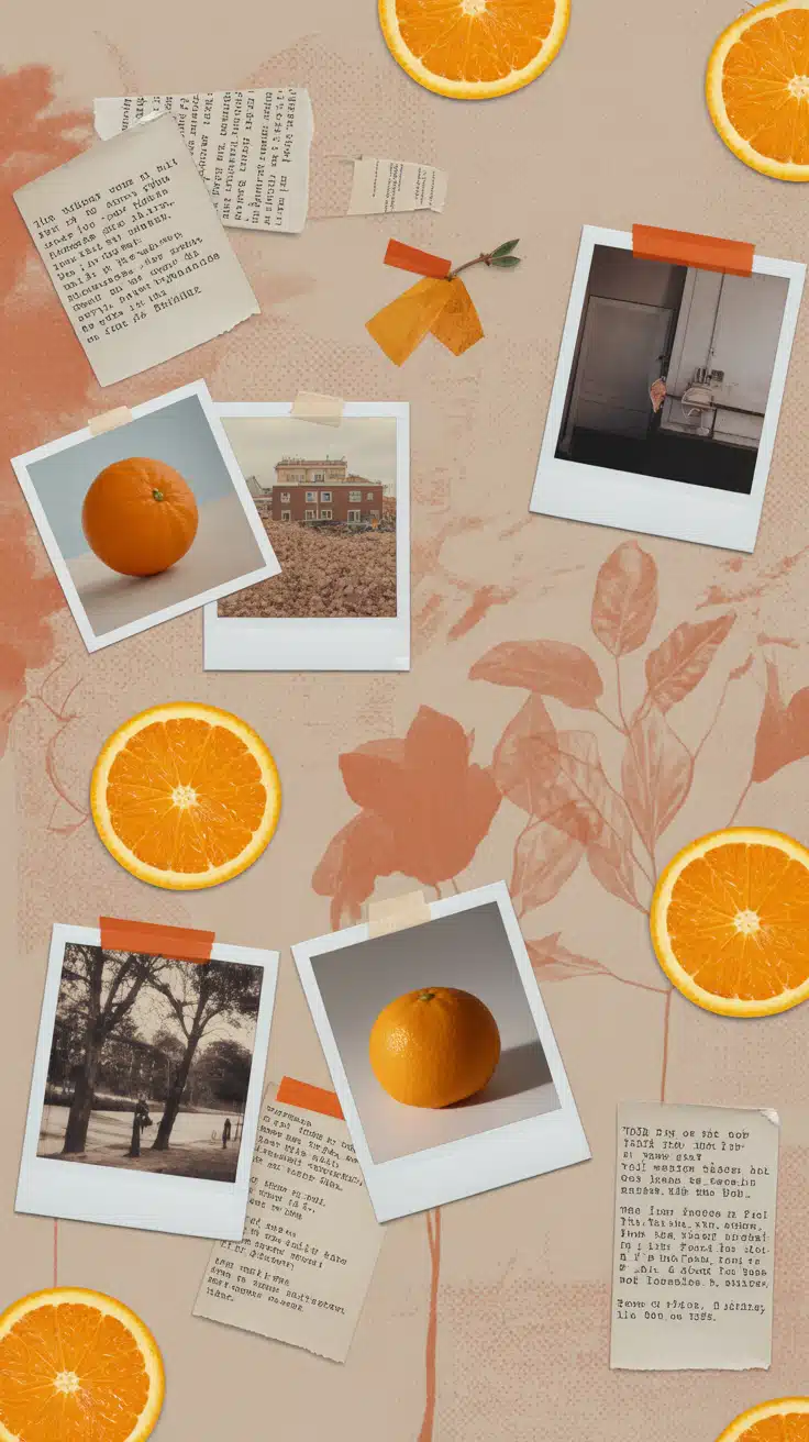 A creative orange collage wallpaper that features scattered Polaroid photos, torn paper scraps, and whole citrus fruit on a sandy beige background with peach overlays. This image brings strong orange aesthetic wallpaper vintage vibes, blending nostalgic imagery with fresh, bright oranges for a stylish balance. The playful composition and warm color tones make it perfect as an orange collage aesthetic for iPhone or Samsung devices. It's both cheerful and sentimental, a delightful mix for wallpaper lovers.