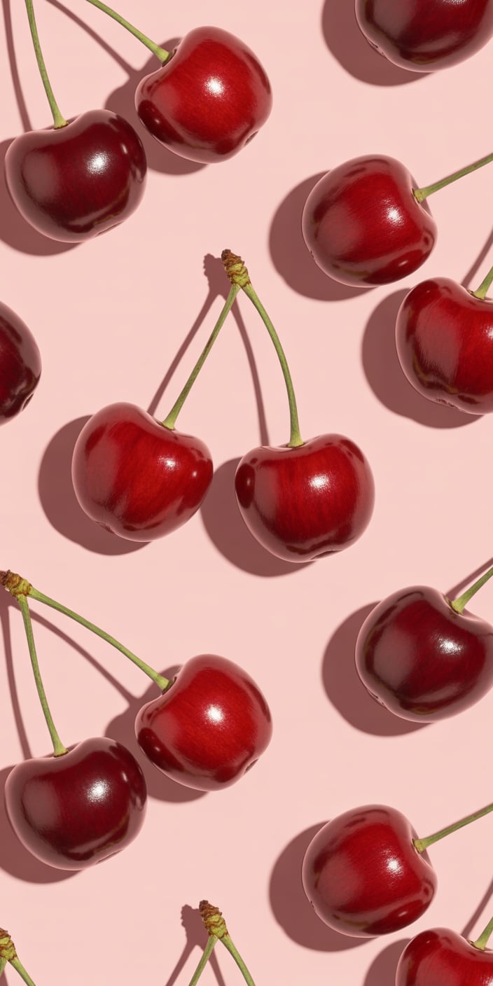 This wallpaper features shiny, fresh cherries arranged diagonally across a soft pink background. The deep red tones of the cherries contrast beautifully with the pink surface, and the added shadows bring realistic depth. Ideal for those who love a mix of realism and design, this makes for a stunning pink and red wallpaper iPhone or cherry phone wallpaper.
