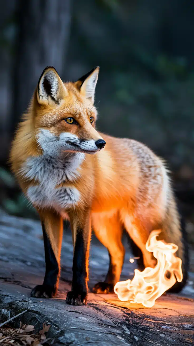 An enchanted forest scene featuring a majestic orange fox whose tail flickers with glowing embers. This captivating image balances earthy tones with a burst of supernatural light, making it a standout choice for fans of the neon orange aesthetic or mystical orange aesthetic wallpaper. It's a bold yet elegant look for iPhones, mixing wildlife photography with a surreal artistic twist.