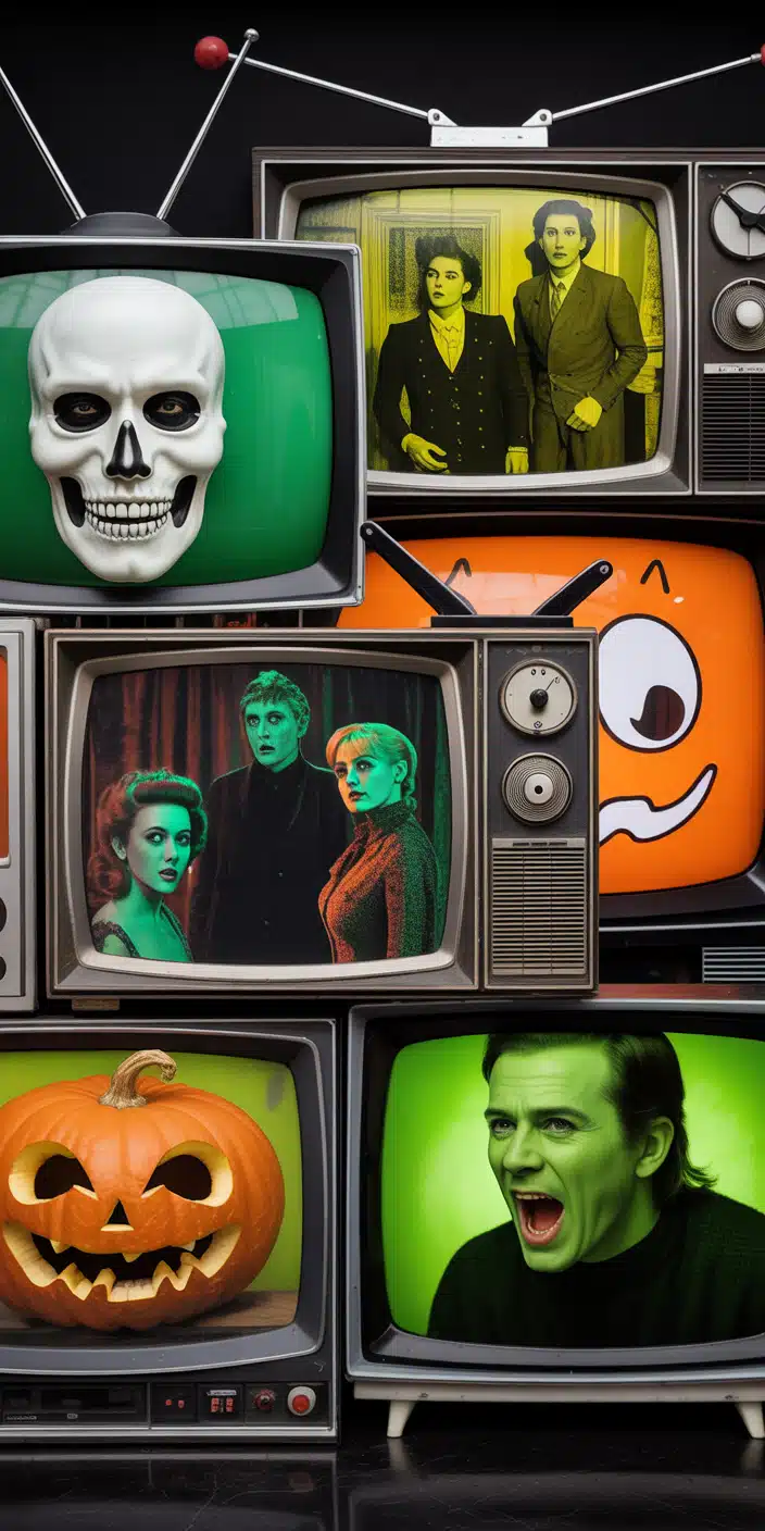 A high-energy Halloween wallpaper filled with old-school televisions displaying spooky characters in eerie greens, yellows, and oranges. Classic horror vibes, vintage screen glow, and bold jack-o'-lanterns make this a standout for fans of Halloween collage and Halloween wallpaper backgrounds vintage. This edgy retro setup is perfect for iPhone users who love nostalgic horror aesthetics.