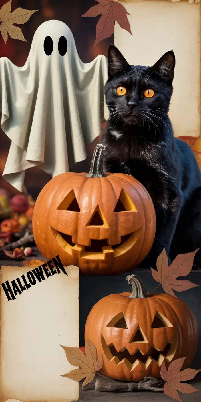 A vintage Halloween collage bursts with personality—featuring a wide-eyed black cat, cheerful jack-o’-lanterns, a classic ghost, and falling autumn leaves. The textured background and soft orange tones highlight the cute vintage Halloween wallpaper vibe, perfect for those who love warm spooky visuals. This playful mix is a festive option for Halloween themed wallpaper lovers looking to bring retro charm to their device.